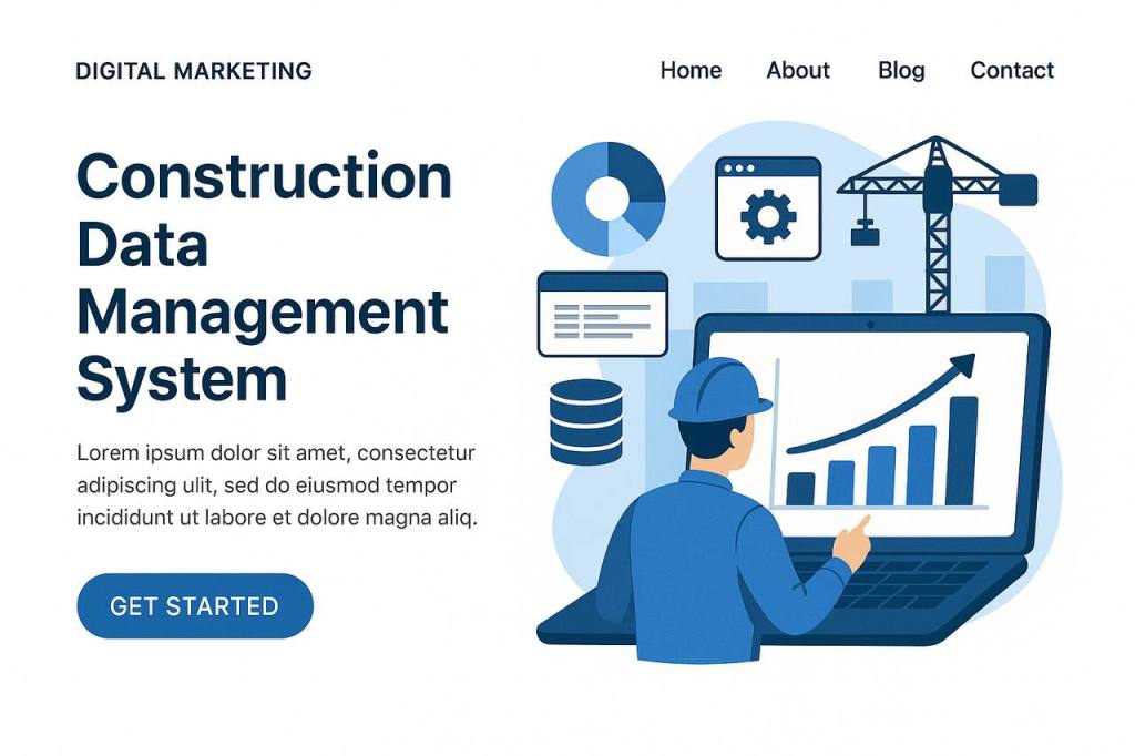 Illustration of a construction data management system featuring a person in a hard hat pointing to a graph on a laptop, with construction-related icons in the background and a menu at the top.
