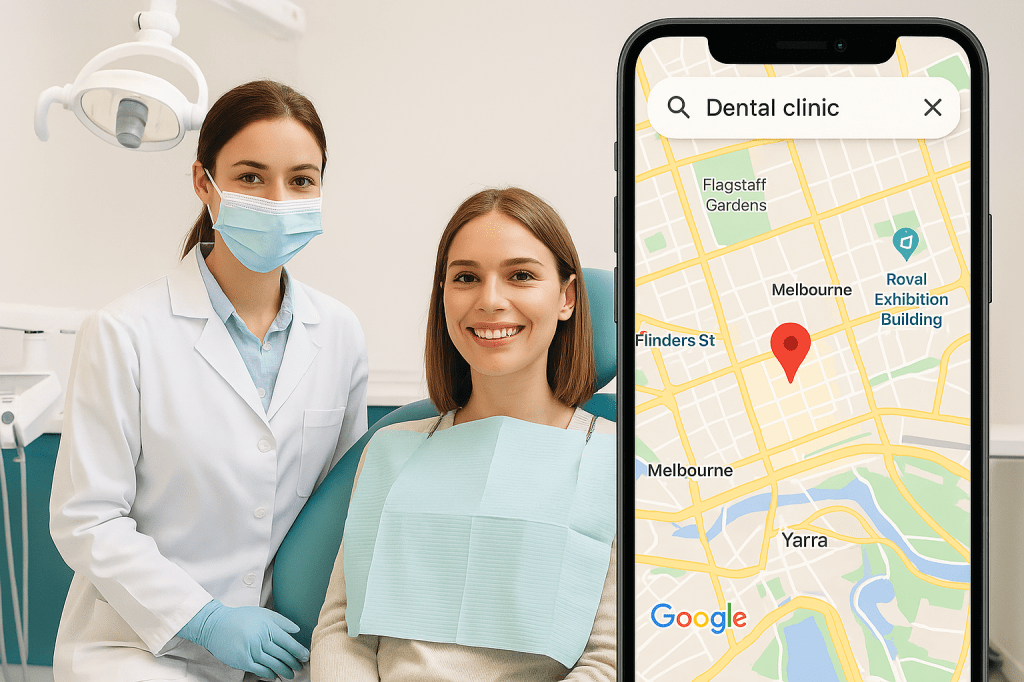 The image illustrates the power of Dental SEO in Melbourne, showcasing a well-optimized dental clinic prominently ranking on Google Maps. With strategic local SEO practices—like accurate business listings, optimized GMB profiles, and positive patient reviews—Melbourne-based dental clinics can significantly enhance their online visibility. This visual highlights how appearing in the local 3-pack not only boosts credibility but also drives a consistent stream of local leads actively searching for dental services nearby.